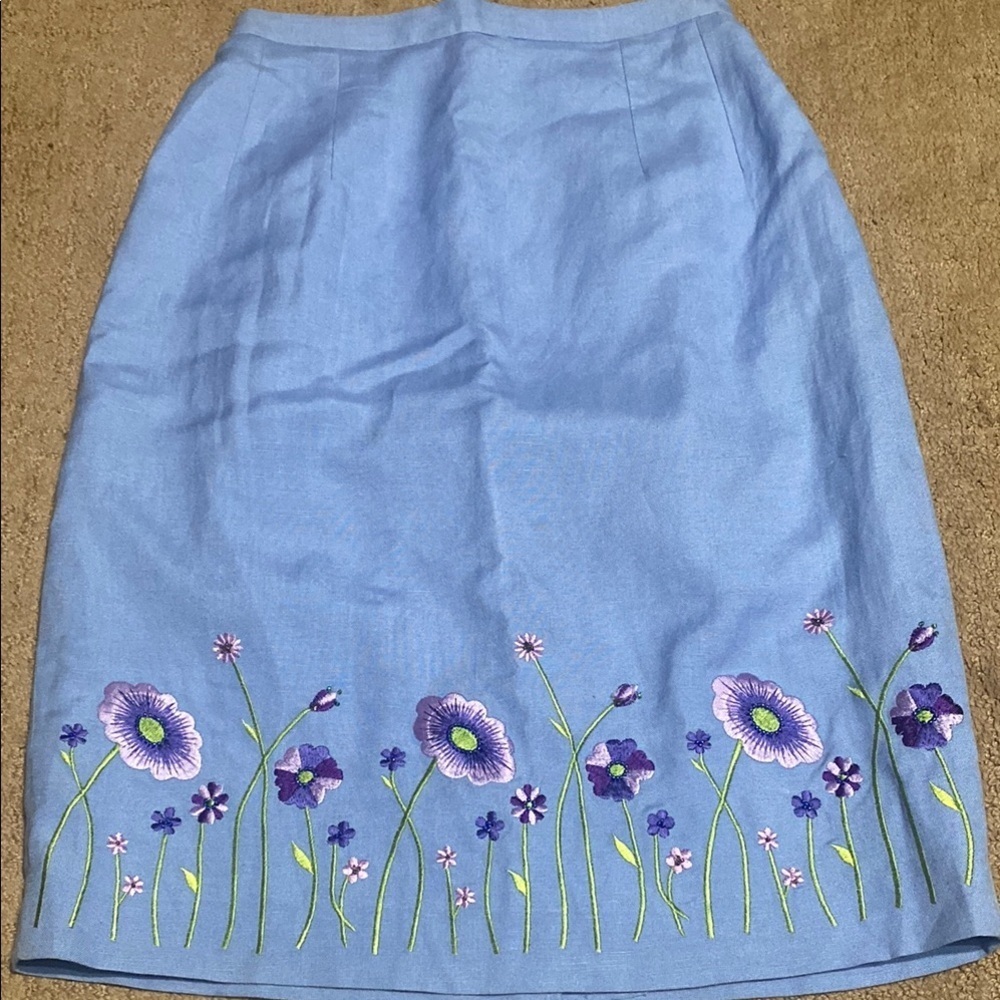 Embellished Blue Linen Pencil Skirt Knee-Length Casual Fall Cottagecore Prairie